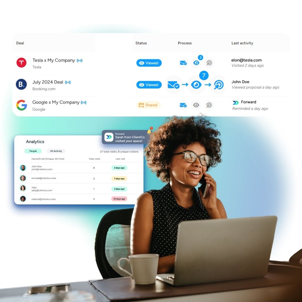 An image of an account executive tracking deals on Forward digital sales room software